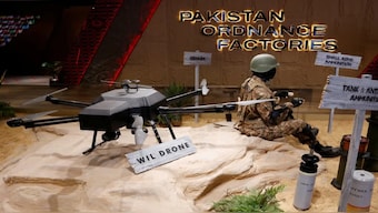 A drone on display at a military exhibition in Karachi in November. Reuters File