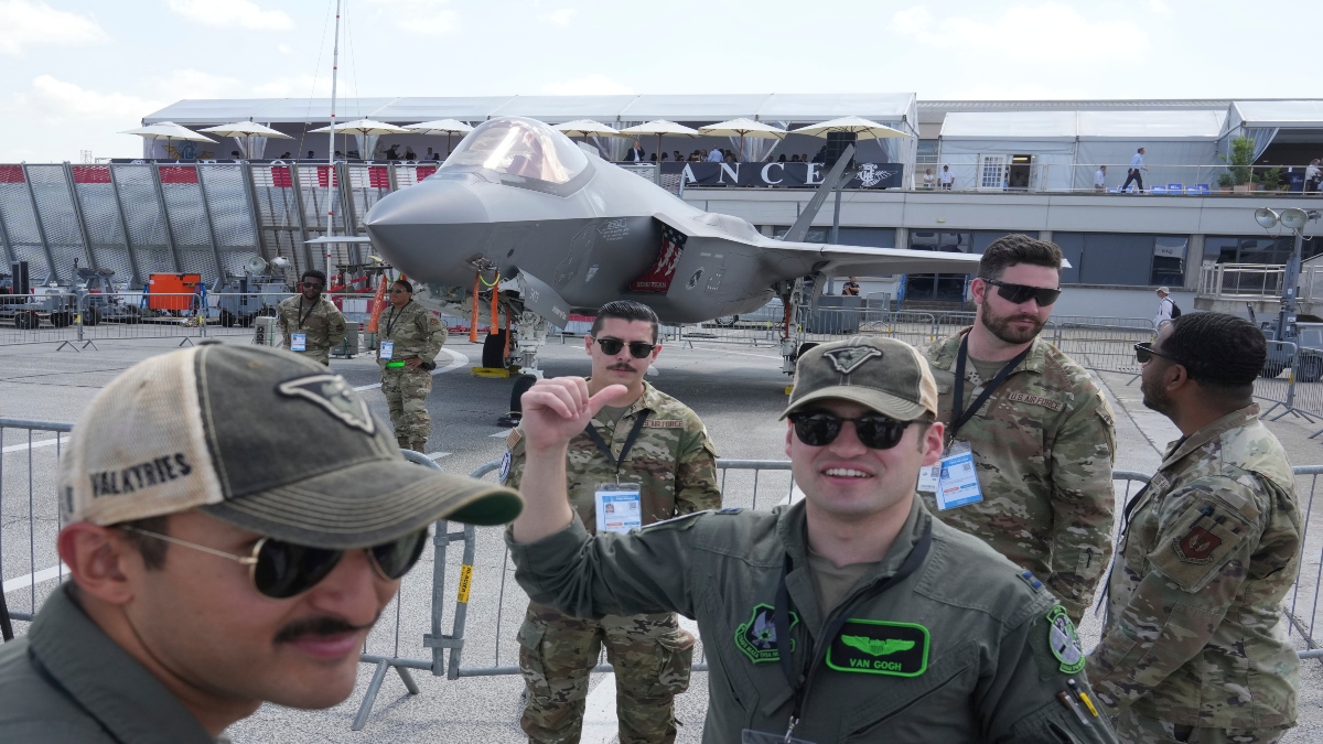 US soldiers soldiers stand by a F-35 A jet fighter on display at the Paris Air Show, in Le Bourget, north of Paris, on Monday. AP US soldiers soldiers stand by a F-35 A jet fighter on display at the Paris Air Show, in Le Bourget, north of Paris, on Monday. AP