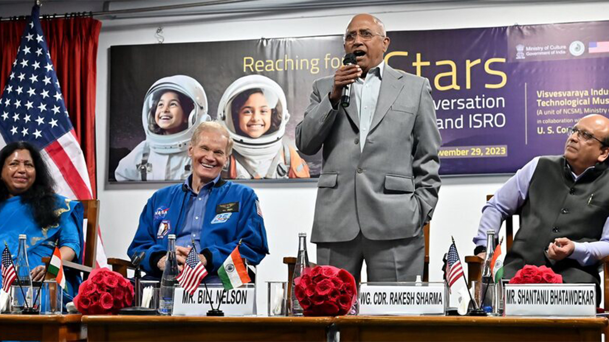 (File) NASA Administrator Bill Nelson and Wing Commander Rakesh Sharma during a conversation 'Reaching for the Stars' between NASA and ISRO, as part of the student outreach programme, in Bengaluru, on November 29, 2023. PTI (File) NASA Administrator Bill Nelson and Wing Commander Rakesh Sharma during a conversation 'Reaching for the Stars' between NASA and ISRO, as part of the student outreach programme, in Bengaluru, on November 29, 2023. PTI