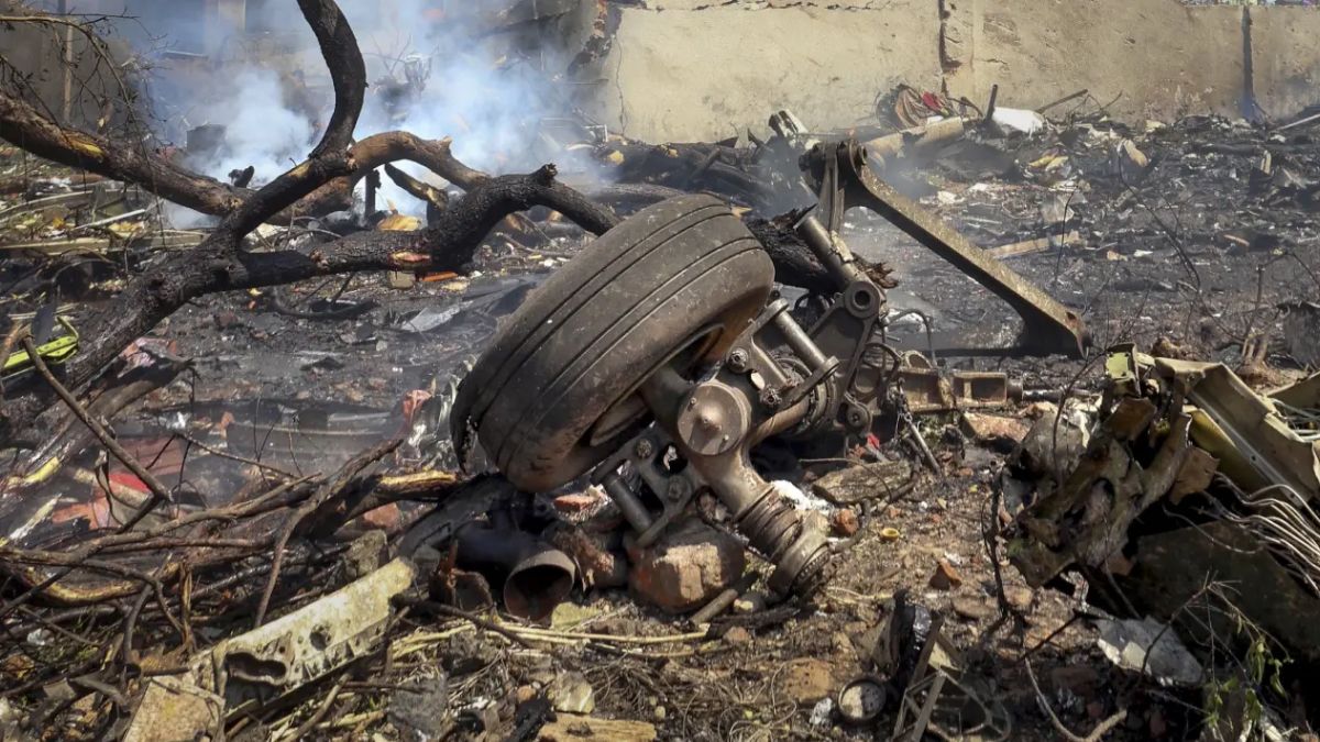 Debris of an Air India plane that crashed moments after taking off from the Ahmedabad airport. Pic/PTI
Debris of an Air India plane that crashed moments after taking off from the Ahmedabad airport. Pic/PTI