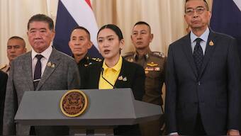 Thailand's Prime Minister Paetongtarn Shinawatra, center, talks to reporters at Government house in Bangkok, Thailand, Thursday, June 19, 2025. (AP file Photo)