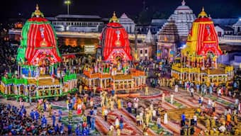 Chariots of Lord Jagannath, Lord Balabhadra and Goddess Subhadra at the Jagannath Temple, on the eve of the annual Rath Yatra festival, in Puri, Odisha, on Thursday. (Image: PTI)
