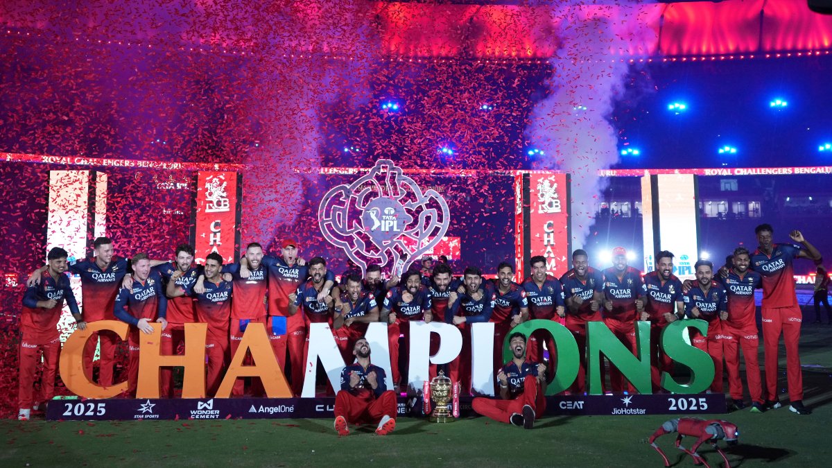Royal Challengers Bengaluru players celebrate with the trophy after defeating Punjab Kings in the final of the 2025 Indian Premier League at Ahmedabad's Narendra Modi Stadium. AP Royal Challengers Bengaluru players celebrate with the trophy after defeating Punjab Kings in the final of the 2025 Indian Premier League at Ahmedabad's Narendra Modi Stadium. AP