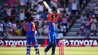 Stand-in India captain Smriti Mandhana celebrates after completing her century in the first T20I against England in Nottingham. AP