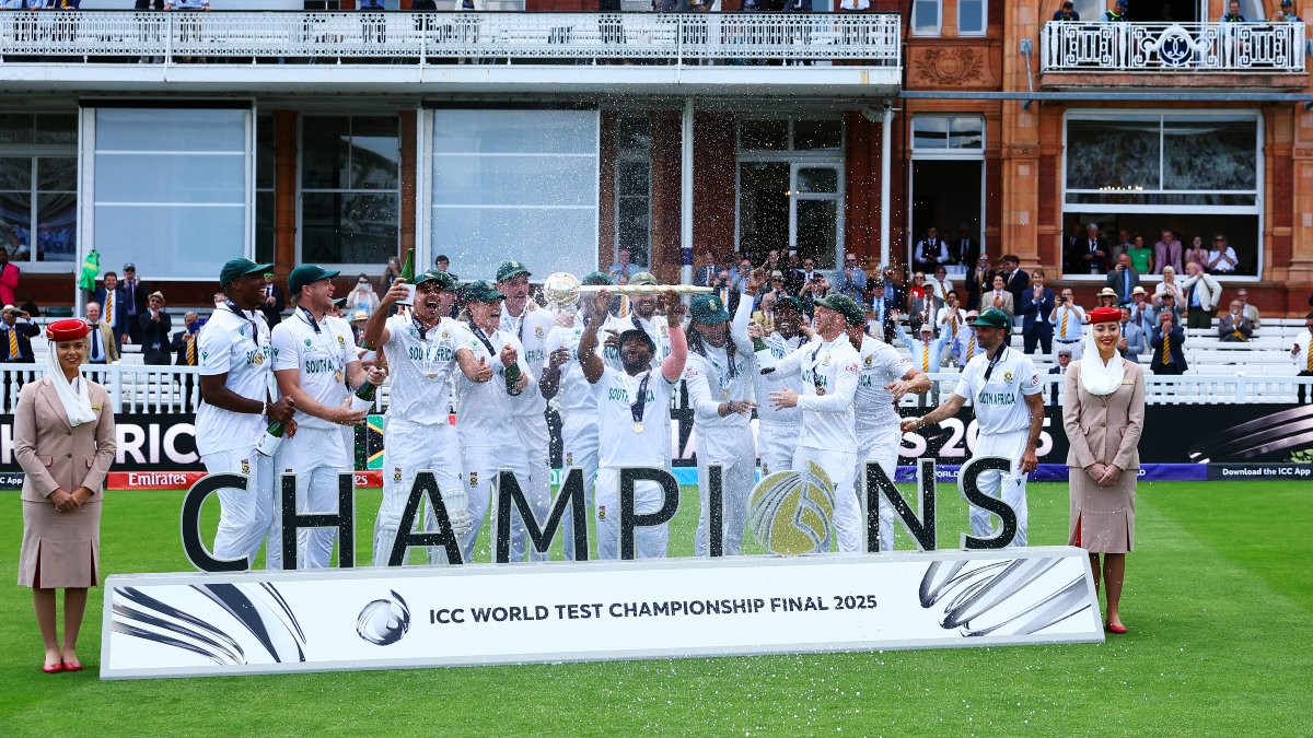The South African team celebrates with the ICC Test Mace after defeating Australia in the World Test Championship Final at Lord's. Reuters The South African team celebrates with the ICC Test Mace after defeating Australia in the World Test Championship Final at Lord's. Reuters