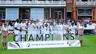 The South African team celebrates with the ICC Test Mace after defeating Australia in the World Test Championship Final at Lord's. Reuters