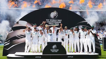South African players celebrate with the ICC Test Mace at Lord's after defeating Australia by 5 wickets in the World Test Championship final. AP