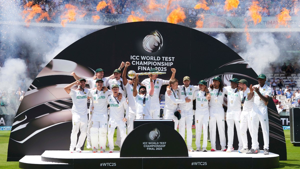 South African players celebrate with the ICC Test Mace at Lord's after defeating Australia by 5 wickets in the World Test Championship final. AP South African players celebrate with the ICC Test Mace at Lord's after defeating Australia by 5 wickets in the World Test Championship final. AP