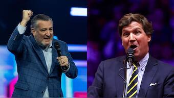 (Left) US Senator Ted Cruz speaks during the AmericaFest 2024 conference in Phoenix, Arizona, US, December 22, 2024; (right) Tucker Carlson speaks during a rally at Madison Square Garden, in New York, US, October 27, 2024. File Images/Reuters