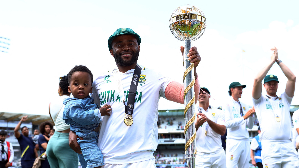 Temba Bavuma holds the ICC Test Mace poses with the ICC Test Mace with his son in his arm after leading South Africa to a five-wicket victory over Australia in the World Test Championship Final at Lord's. Reuters Temba Bavuma holds the ICC Test Mace poses with the ICC Test Mace with his son in his arm after leading South Africa to a five-wicket victory over Australia in the World Test Championship Final at Lord's. Reuters