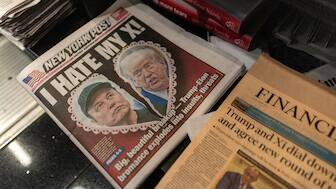 A newspaper front page featuring US President Donald Trump and Elon Musk is displayed at a shop at Ronald Reagan Washington National Airport in Arlington, Virginia, US, June 6, 2025. File Image/Reuters