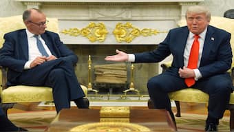 President Donald Trump, right, meets Germany's Chancellor Friedrich Merz in the Oval Office of the White House, on Thursday. AP 