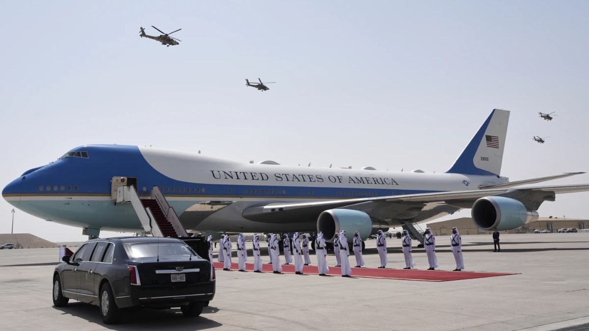 Qatar Air Force Apache gunships perform a flyover as Air Force One is ready to depart from Al Udeid Air Base in Doha, Qatar. AP Qatar Air Force Apache gunships perform a flyover as Air Force One is ready to depart from Al Udeid Air Base in Doha, Qatar. AP