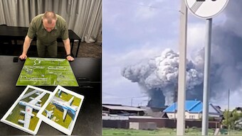 (Left) Head of the Ukraine's Security Service Vasyl Maliuk looks at a map of an airfield, amid Russia's attack on Ukraine, in an unknown location in Ukraine, in this handout picture released June 1, 2025; (Right) Smoke rises above the area following what local authorities called a drone attack on a military unit in the Sredny settlement, in the course of Russia-Ukraine conflict in the Usolsky district of the Irkutsk region, Russia, in this still image from a video published June 1, 2025. Ukraine press service & Telegram