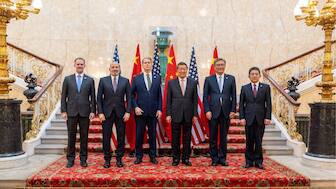 US Trade Representative Jamieson Greer, US Secretary of Commerce Howard Lutnick, US Secretary of Treasury Scott Bessent, Chinese Vice Premier He Lifeng, Chinese Commerce Minister Wang Wentao, and Chinese International Trade Representative and Vice Minister of Commerce Li Chenggang. AFP