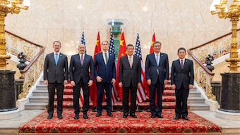 US Trade Representative Jamieson Greer, US Secretary of Commerce Howard Lutnick, US Secretary of Treasury Scott Bessent, Chinese Vice Premier He Lifeng, Chinese Commerce Minister Wang Wentao, and Chinese International Trade Representative and Vice Minister of Commerce Li Chenggang. AFP