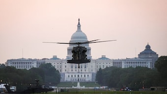 A Sikorsky UH-60 Black Hawk helicopter, slated to be used in the U.S. Army's 250th Birthday Celebration and Parade, lands on the National Mall near the US Capitol in Washington, DC, US, June 11, 2025. Reuters