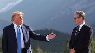 US President Donald Trump and British Prime Minister Keir Starmer attend a family photo during the Group of Seven (G7) Summit at the Kananaskis Country Golf Course in Kananaskis, Alberta, Canada. AFP