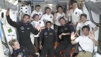 Visiting crew in dark blue, Axiom Space's Peggy Whitson, left, Hungary's Tibor Kapu, 2nd left, India's Shubhanshu Shukla, center, and Poland's Slawosz Uznanski-Wisniewski, center right, aboard the International Space Station, June 26, 2025. Nasa via AP
