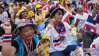 Protesters gather at Victory Monument demanding Thailand's Prime Minister Paetongtarn Shinawatra resign in Bangkok, Thailand, Saturday, June 28, 2025. AP