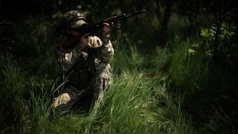 A soldier from the Ukrainian 33rd Separate Mechanised Brigade trains to hold a position during an extraction exercise at an undisclosed location in eastern Ukraine on June 6, 2025. Image- AP
