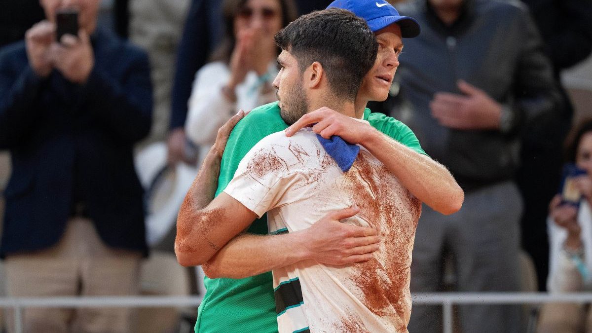 Carlos Alcaraz hugs Jannik Sinner after the French Open final. Image: Reuters Carlos Alcaraz hugs Jannik Sinner after the French Open final. Image: Reuters