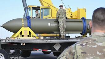 The GBU-57, or the Massive Ordnance Penetrator bomb, at Whiteman Air Base in Missouri. This is the only weapon that could take out the Fordow nuclear plant. File image/AP