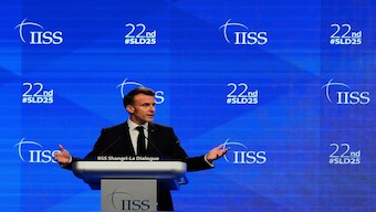 French President Emmanuel Macron delivers his speech during the 22nd Shangri-La Dialogue summit in Singapore, Friday, May 30, 2025.  AP