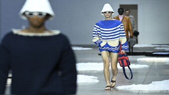 A model walks the runway wearing Kolhapuri chappals during the Prada collection show at Milan's Fashion Week Menswear Spring/Summer 2026, in Milan. AFP