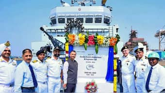 Indian Navy personnel and officials of Garden Reach Shipbuilders and Engineers (GRSE), Kolkata, during the handover ceremony of 'Arnala' on May, 8, 2025. (Photo: PTI/File)