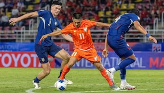 India legend Sunil Chhetri tackles the ball against Thailand. Image: AIFF