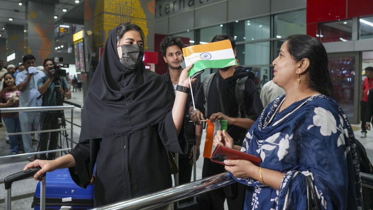 Indian students returning from Iran via Armenia, under an evacuation operation facilitated by the Government of India. They are seen exiting from the Indira Gandhi International Airport, in New Delhi, on June 19. 110 students from Kashmir Valley reached New Delhi early Thursday. PTI Indian students returning from Iran via Armenia, under an evacuation operation facilitated by the Government of India. They are seen exiting from the Indira Gandhi International Airport, in New Delhi, on June 19. 110 students from Kashmir Valley reached New Delhi early Thursday. PTI