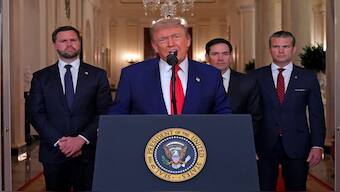 US President Donald Trump addresses the nation, alongside US Vice President JD Vance, US Secretary of State Marco Rubio  and US Secretary of Defence Pete Hegseth (R), from the White House in Washington, following the announcement that the US bombed nuclear sites in Iran. AFP