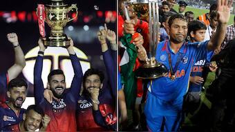 Virat Kohli with maiden IPL trophy (L), Sachin Tendulkar with his first World Cup (R). Image: Reuters