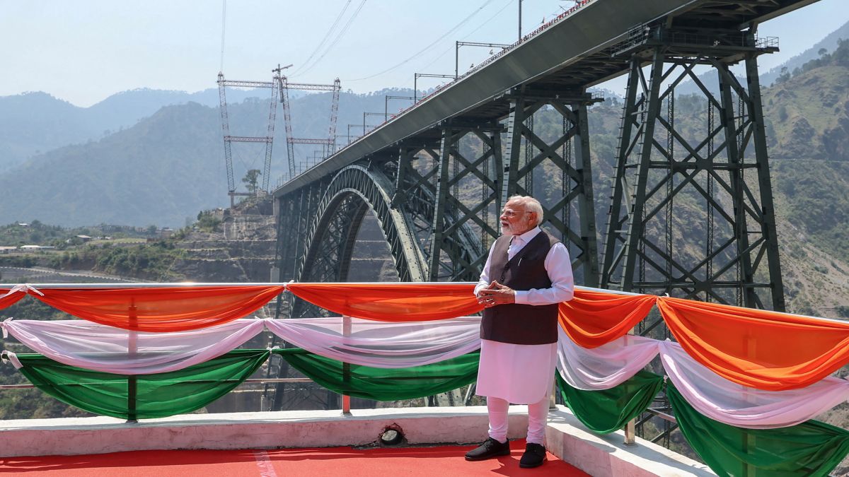 Prime Minister Narendra Modi visiting Chenab Rail Bridge during the inauguration of the Kashmir rail link, in Reasi, in Jammu and Kashmir. AFP Prime Minister Narendra Modi visiting Chenab Rail Bridge during the inauguration of the Kashmir rail link, in Reasi, in Jammu and Kashmir. AFP