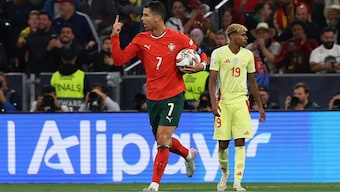 Ronaldo celebrates after scoring the equaliser against Spain in Nations League final. Image: Reuters