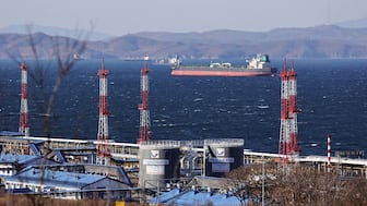 Fuga Bluemarine crude oil tanker lies at anchor near the terminal Kozmino in Nakhodka Bay near the port city of Nakhodka, Russia.