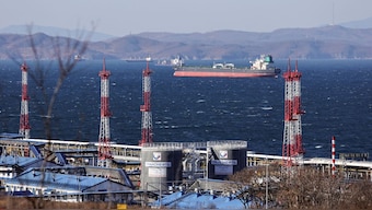 Fuga Bluemarine crude oil tanker lies at anchor near the terminal Kozmino in Nakhodka Bay near the port city of Nakhodka, Russia.
