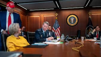 US President Donald Trump holds a meeting with White House Chief of Staff Susie Wiles, Chairman of the Joint Chiefs of Staff General Dan Caine and other Cabinet members in the Situation Room at the White House in Washington, DC, on June 21.  The US struck several key Iranian nuclear facilities early Sunday (June 22). The White House/Handout via Reuters