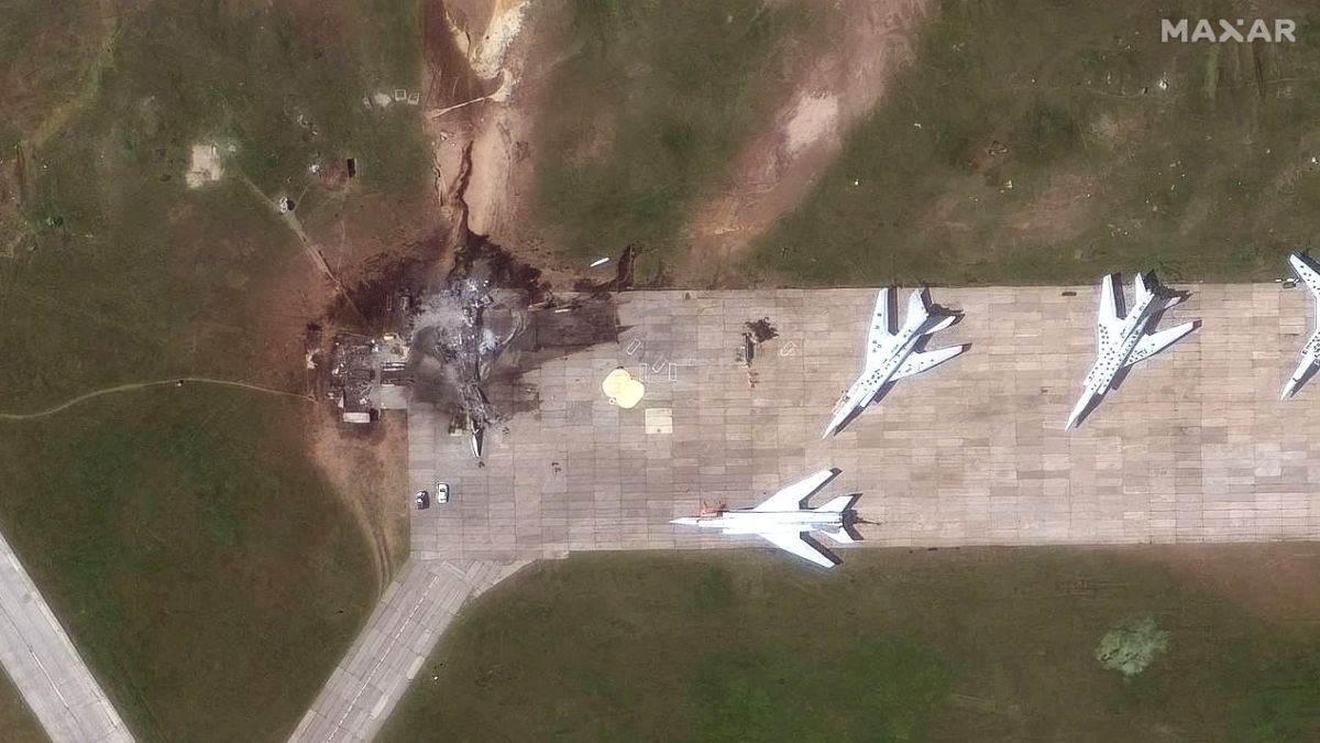 A satellite image shows a destroyed TU 22 aircraft in the aftermath of June 1 drone strike at the Belaya air base, Irkutsk region in Russia, June 4. Maxar Technologies/Handout via Reuters
A satellite image shows a destroyed TU 22 aircraft in the aftermath of June 1 drone strike at the Belaya air base, Irkutsk region in Russia, June 4. Maxar Technologies/Handout via Reuters