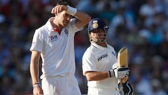 James Anderson looking dejected after being hit for four by Sachin Tendulkar. Image: Reuters