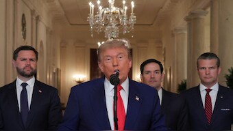 US President Donald Trump delivers an address to the nation accompanied by US Vice President JD Vance, US Secretary of State Marco Rubio and US Defence Secretary Pete Hegseth, at the White House in Washington, D.C., on June 21, following US strikes on Iran's nuclear facilities. Reuters