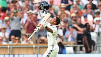 Yashasvi Jaiswal celebrates after reaching his century. Image: Reuters