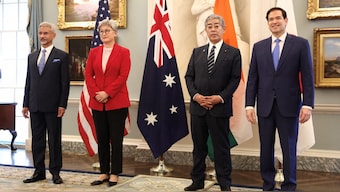 Indian External Affairs Minister S Jaishankar, Australia’s Foreign Minister Penny Wong, Japanese Foreign Minister Takeshi Iwaya and US Secretary of State Marco Rubio stand together at the start of their meeting of the Indo-Pacific Quad at the State Department in Washington, DC, US, Reuters