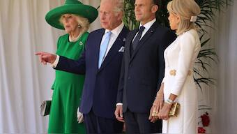 France's President Emmanuel Macron, Britain's King Charles III, Britain's Queen Camilla and Brigitte Macron stand during a ceremonial welcome at Windsor Castle, in Windsor west of London, on July 8, 2025, on the first day of a three-day state visit to Britain. Reuters