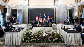 Malaysia's Prime Minister Anwar Ibrahim looks on as Cambodia's Prime Minister Hun Manet and Thailand's acting Prime Minister Phumtham Wechayachai take part in mediation talks on the Thailand–Cambodia border conflict, in Putrajaya, Malaysia. Reuters