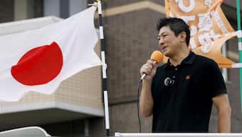 Sohei Kamiya, leader of the Sanseito party, during an election campaign in Tosu, southwestern Japan. AP
