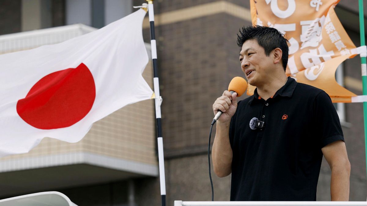 Sohei Kamiya, leader of the Sanseito party, during an election campaign in Tosu, southwestern Japan. AP
 Sohei Kamiya, leader of the Sanseito party, during an election campaign in Tosu, southwestern Japan. AP
