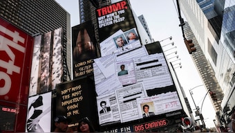 A screen about the Jeffrey Epstein files is displayed at Times Square in New York City. Reuters
