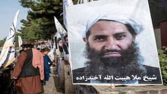 A poster of the Taliban’s supreme leader, Haibatullah Akhundzada, displayed in Kabul. The ICC has issued arrest warrants naming him and Afghanistan’s Chief Justice, Abdul Hakim Haqqani. AFP
